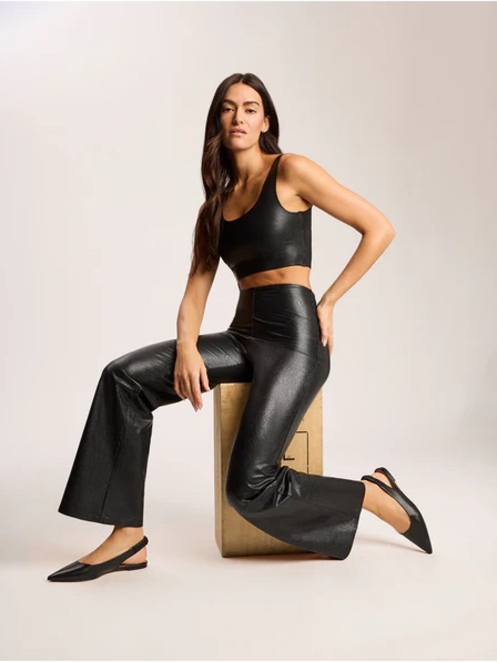 High-Waist Black Faux Leather Flared Pants plus size